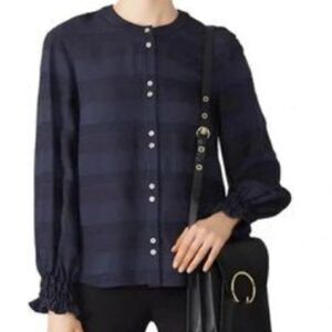 Becken Navy Blue button front blouse with smocked cuffs size 4 EUC